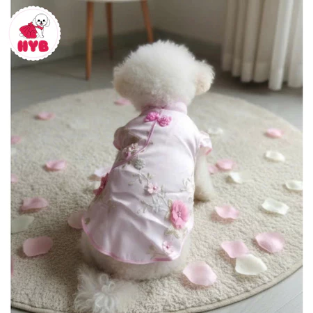 Áo dài Tết sườn xám hồng hoa nổi 3d cho chó mèo 3kg-6.5kg - Đồ Tết chó mèo