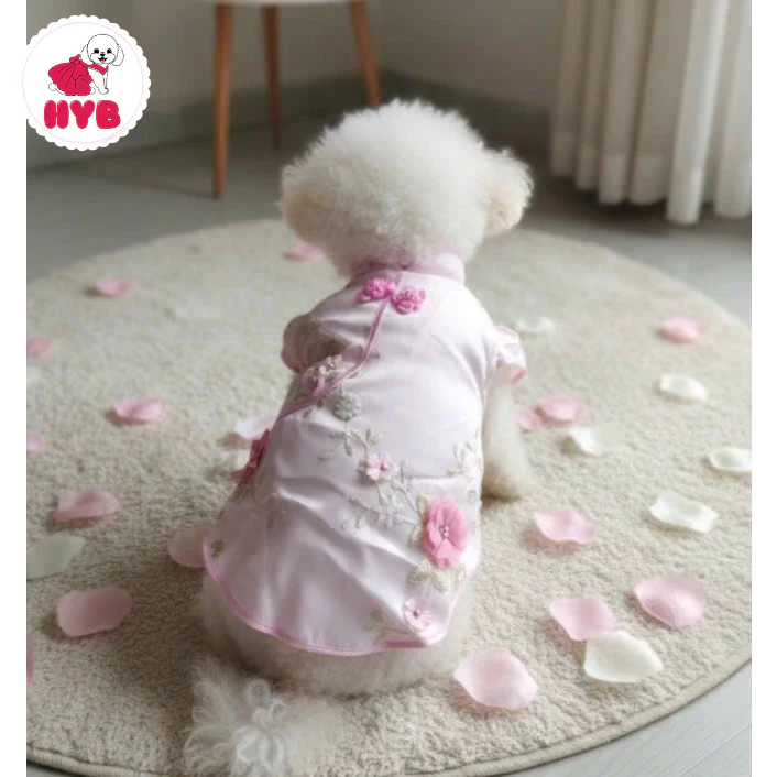 Áo dài Tết sườn xám hồng hoa nổi 3d cho chó mèo 3kg-6.5kg - Đồ Tết chó mèo