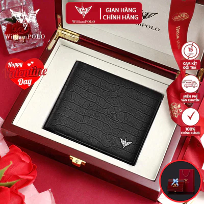 Ví Nam Da Bò Thật 100% Cao Cấp Hàng Hiệu WilliamPOLO, Bóp Nam Cao Cấp có ngăn khoá WV395 Hộp Gỗ Làm Quà Tặng