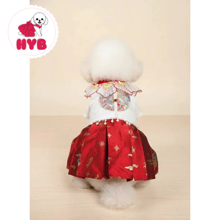 ​[PREMIUM] Váy Hán Phục Đầm Cổ Trang Đính Ngọc Trai gấm đỏ Cho chó mèo - Áo dài Tết đồ tết váy đầm cho chó mèo