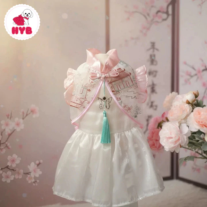 Áo dài Tết voan tơ thêu màu hồng pastel cho chó mèo kích thước 3kg-6.5kg - Đồ Tết váy đầm Tết chó mèo