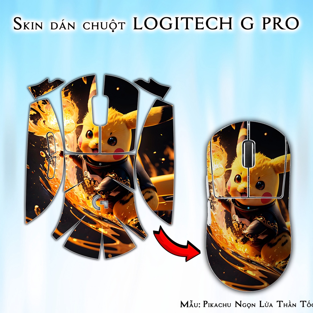 Skin dán chuột Logitech G Pro / Pro X Superlight mẫu Pikachu Ngọn Lửa Thần Tốc | Miếng dán Film 3M chống trượt