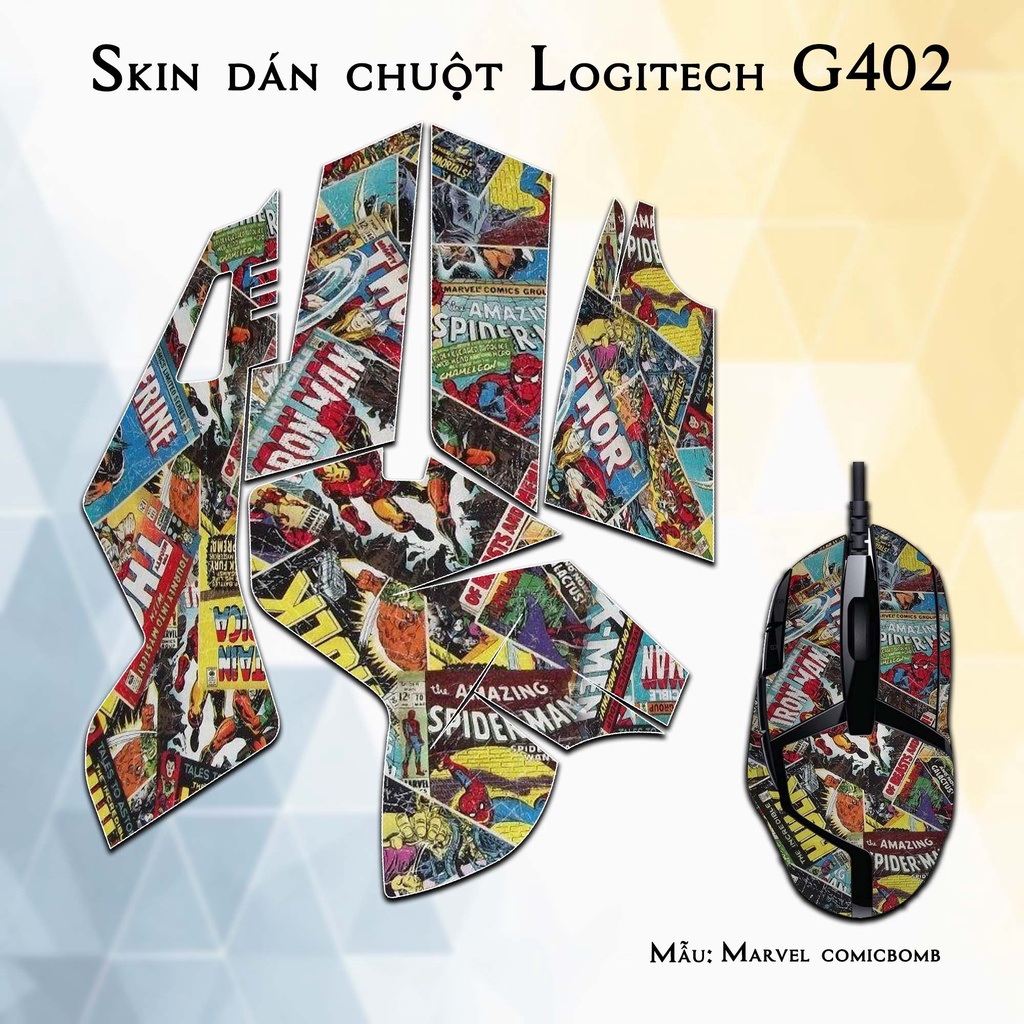 Skin dán chuột Logitech G402 mẫu Marvel comicbomb | Miếng dán Film 3M chống trơn trượt