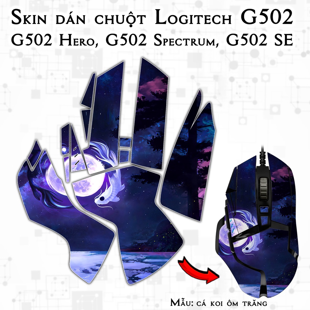 Skin dán chuột Logitech G502 mẫu cá koi ôm trăng | Miếng dán Film 3M chống trơn trượt