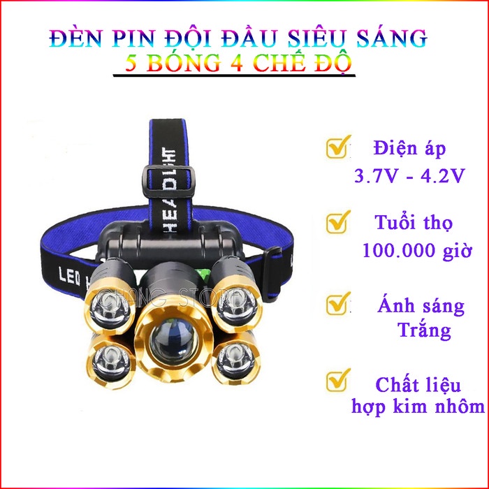 Đèn Đội Đầu Pin Mạnh Siêu Sáng 5 Bóng 4 Chế Độ