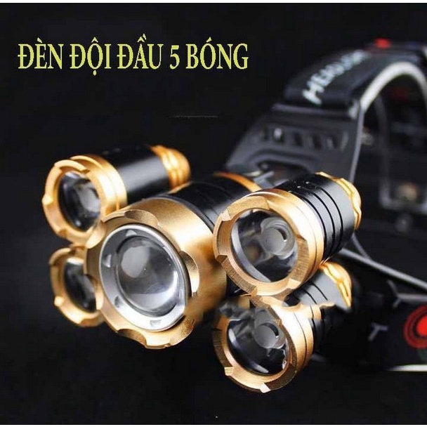 Đèn Đội Đầu Pin Mạnh Siêu Sáng 5 Bóng 4 Chế Độ