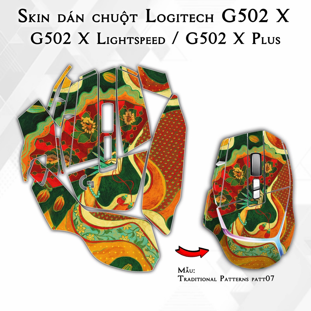 Skin dán chuột Logitech G502X mẫu Traditional Patterns patt07 | Miếng dán Film 3M chống trơn trượt