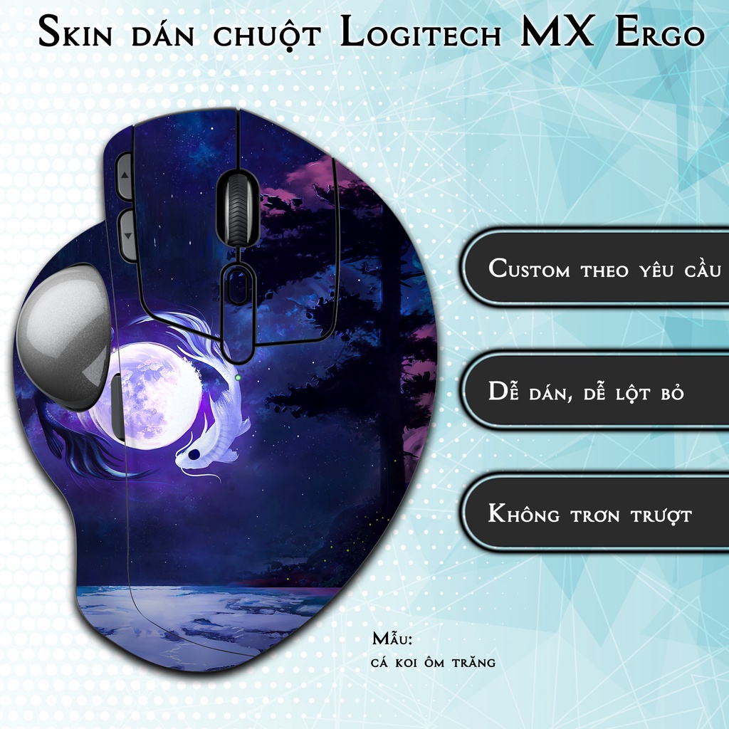 Skin dán chuột Logitech MX Ergo mẫu cá koi ôm trăng | Miếng dán Film 3M chống trơn trượt