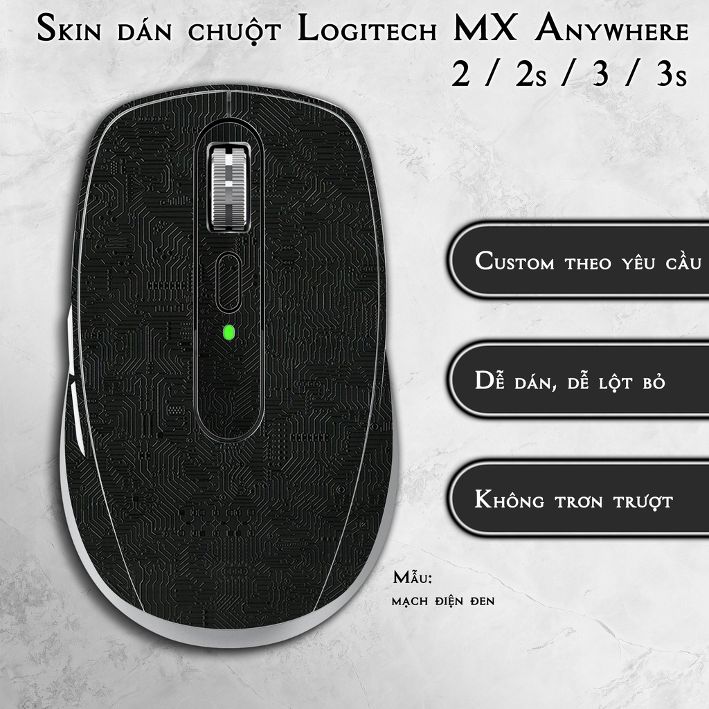 Skin dán chuột Logitech MX Anywhere 2 / 2s / 3 / 3s mẫu mạch điện đen | Miếng dán Film 3M chống trơn trượt