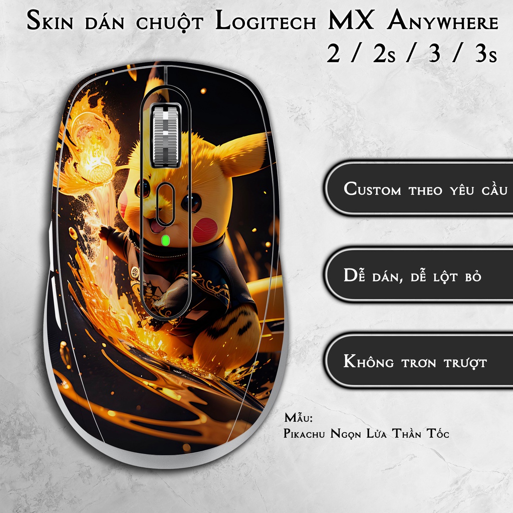 Skin dán chuột Logitech MX Anywhere 2 / 2s / 3 / 3s mẫu Pikachu Ngọn Lửa Thần Tốc | Miếng dán Film 3M chống trơn trượt