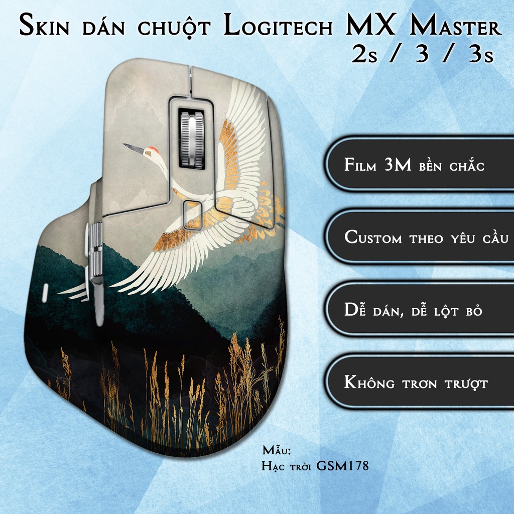 Skin dán chuột Logitech MX Master 2s / 3 / 3s mẫu Hạc trời GSM178 | Miếng dán Film 3M chống trơn trượt