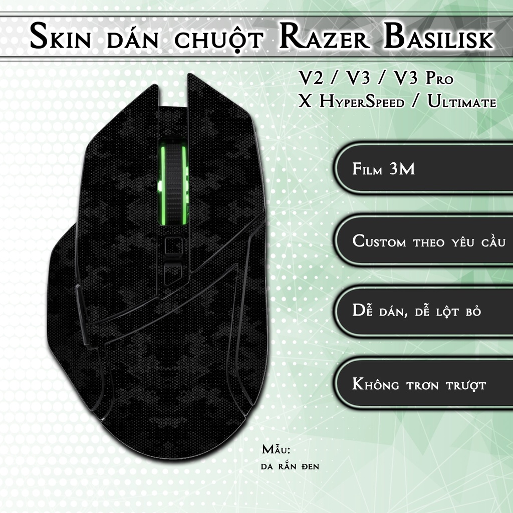 Skin dán chuột Razer Basilisk mẫu da rắn đen | Miếng dán 3M chống trơn trượt