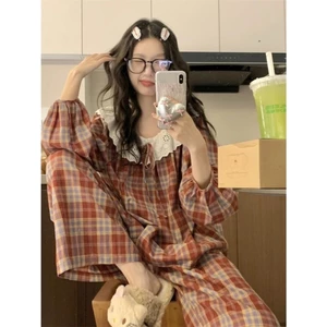 Bộ đồ ngủ nữ Đỏ dài mùa xuân thu phong cách tiểu thư Hàn Quốc dáng rộng cổ bèo dễ thương LYLYCICI