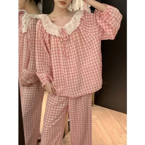 Bộ đồ ngủ nữ Hồng dài mùa xuân thu phong cách tiểu thư Hàn Quốc dáng rộng cổ bèo dễ thương LYLYCICI