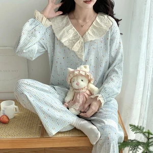 Bộ đồ ngủ nữ cổ V Xanh nhạt tay dài, phong cách Hàn Quốc cao cấp LYLYCICI