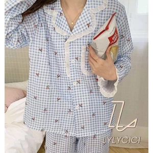 Bộ Pijama Nữ Lụa Xanh Cotton Kẻ Caro Hoa Nhí Dáng Dài - Mềm Mại, Thoáng Mát LYLYCICI