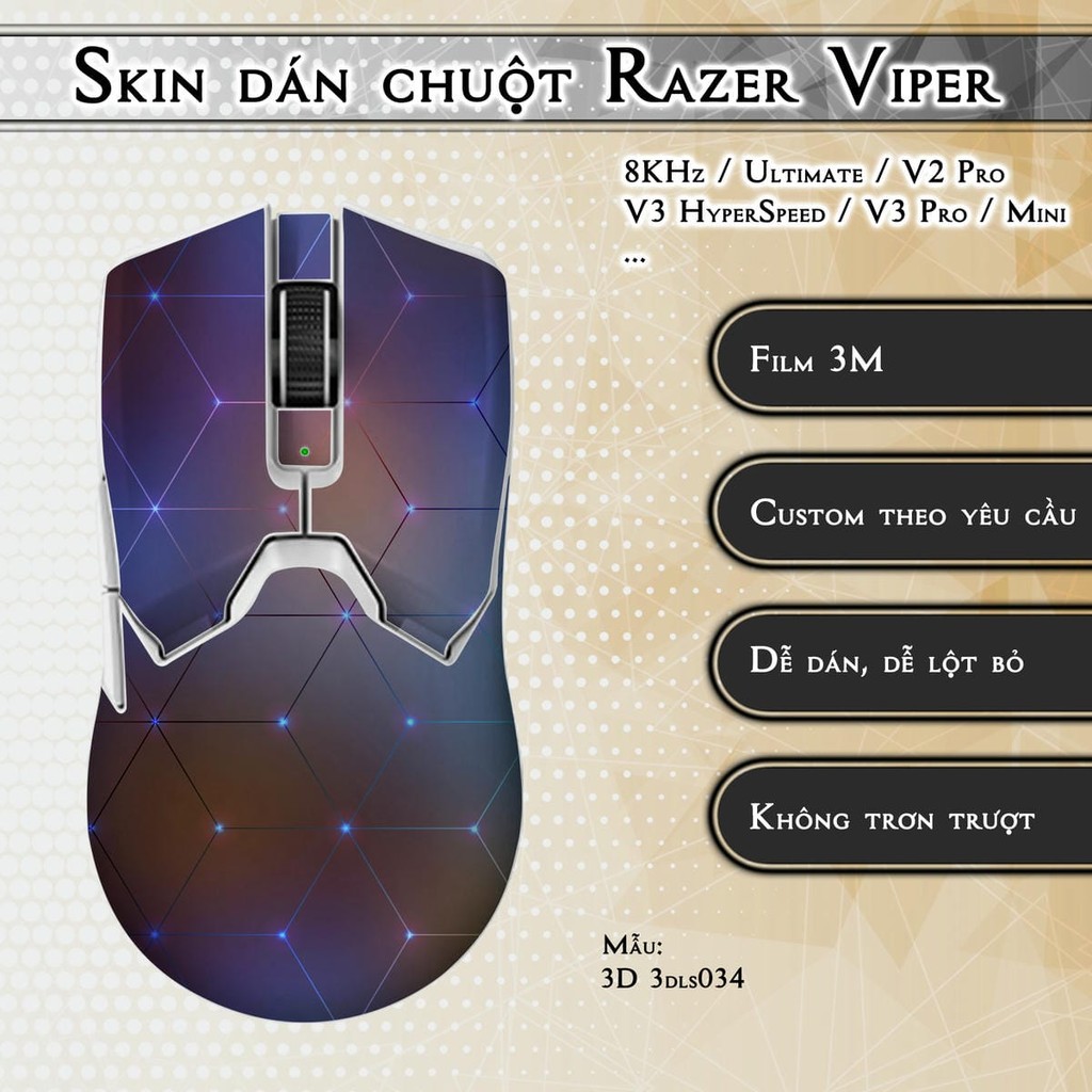 Skin dán chuột Razer Viper 8KHz, Ultimate, V2, V3 Pro, HyperSpeed, Mini mẫu 3D