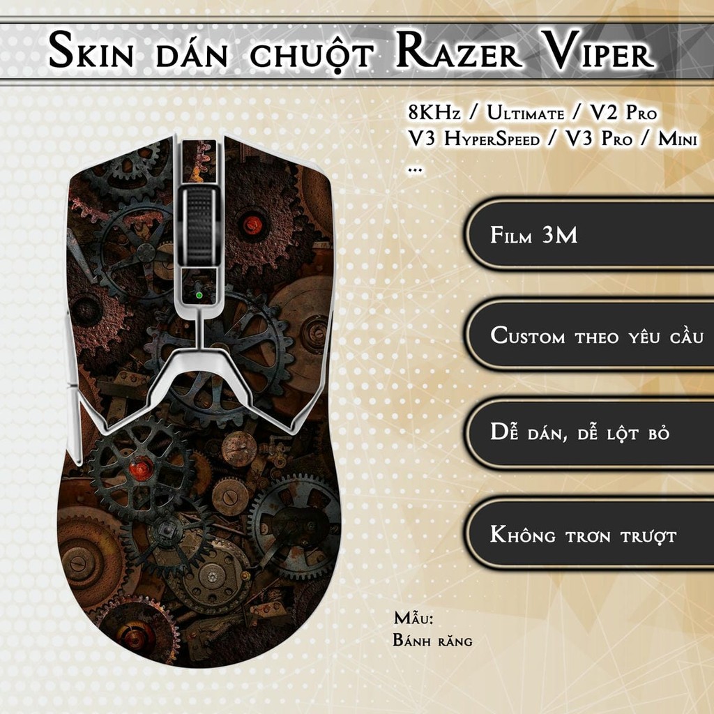 Skin dán chuột Razer Viper 8KHz, Ultimate, V2, V3 Pro, HyperSpeed, Mini mẫu Bánh răng