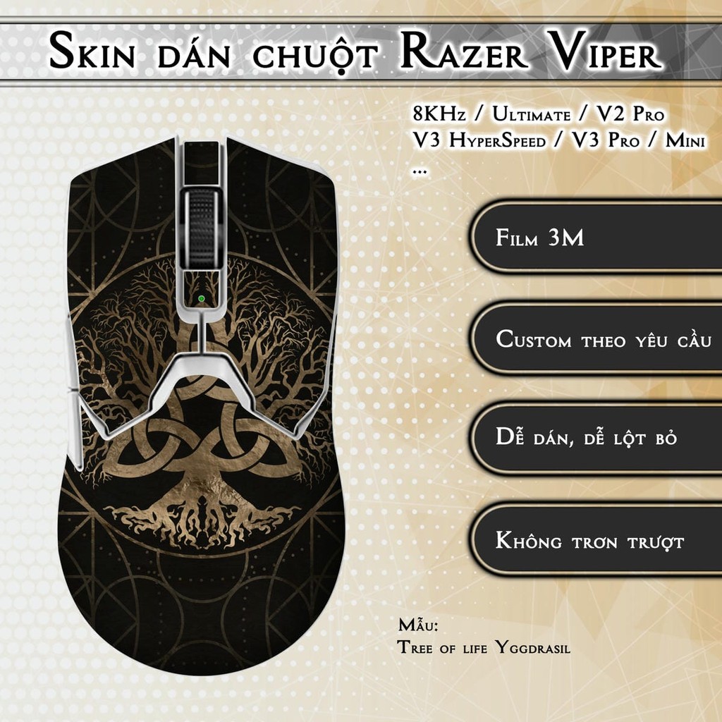 Skin dán chuột Razer Viper 8KHz, Ultimate, V2, V3 Pro, HyperSpeed, Mini mẫu Tree of life Yggdrasil