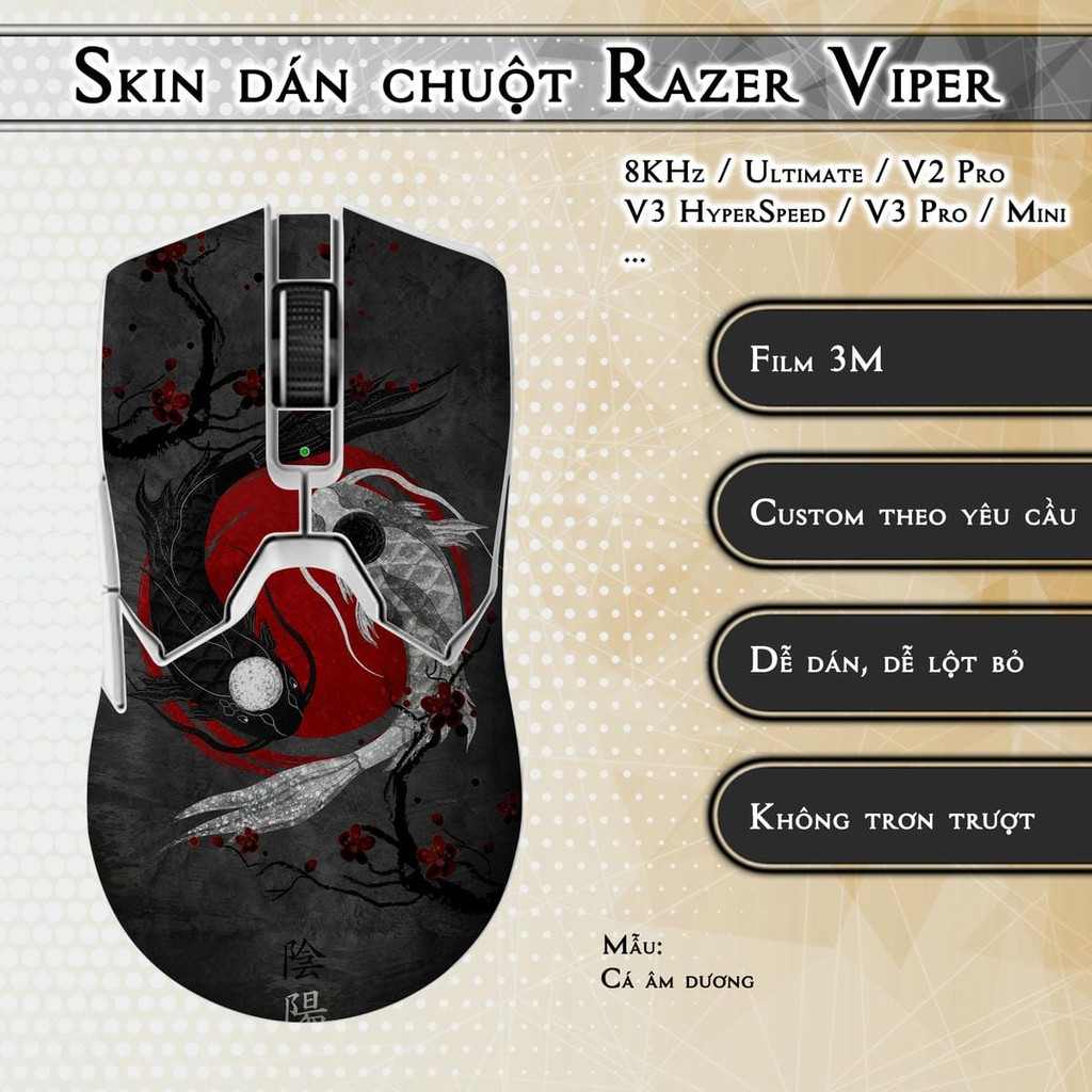 Skin dán chuột Razer Viper 8KHz, Ultimate, V2, V3 Pro, HyperSpeed, Mini mẫu Cá âm dương