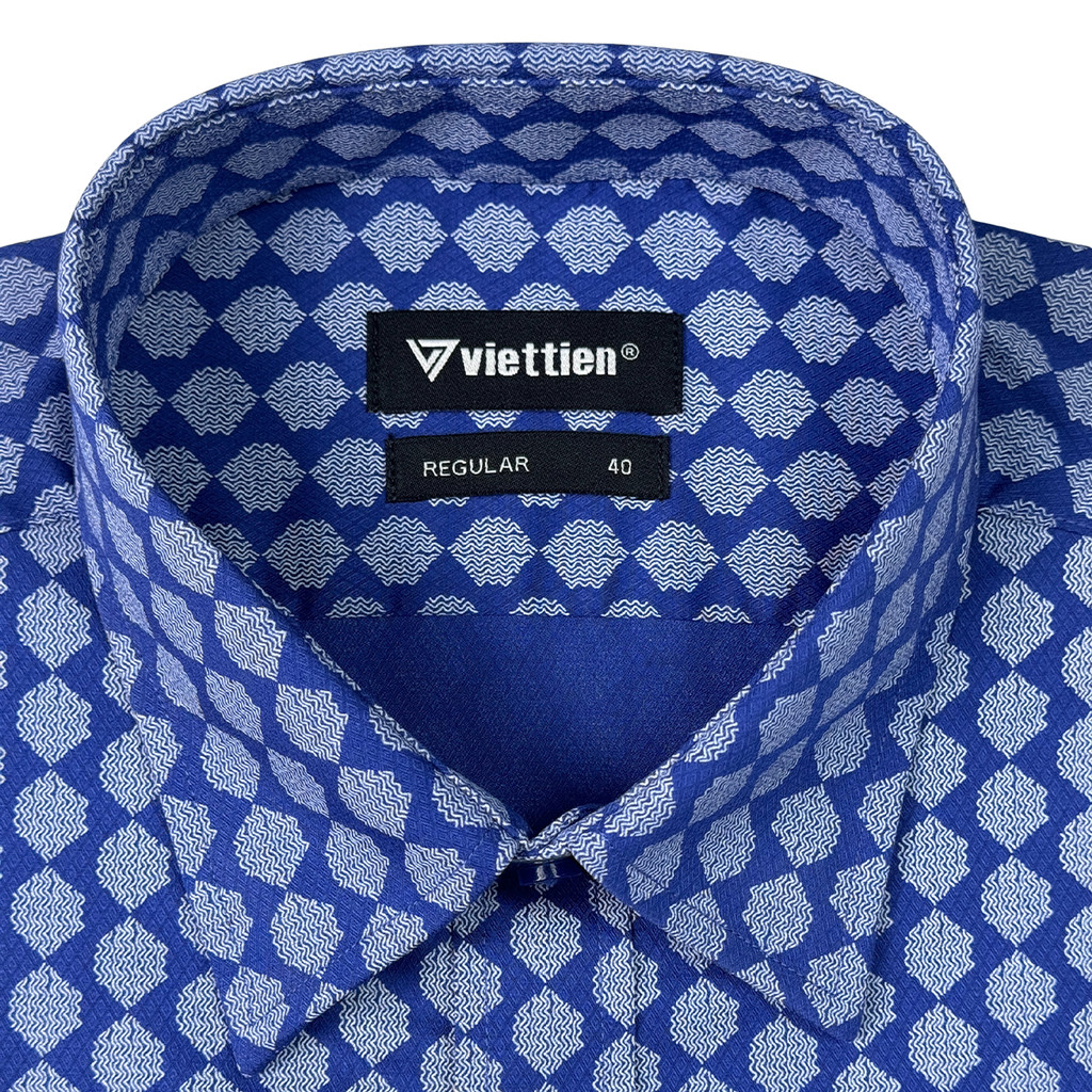 VIỆT TIẾN SALE - Áo Sơ Mi Nam VIETTIEN Tay Dài Màu Xanh Dương - Trắng Hoa Văn, Form Regular Lai Bầu