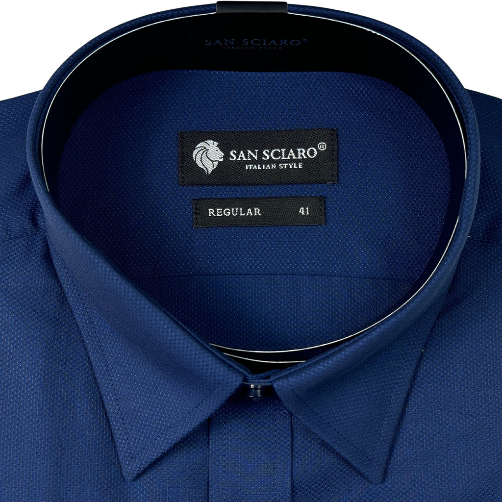 SAN SCIARO - Áo Sơ Mi Tay Ngắn Màu Xanh Dương Caro, Form Regular Lai Bầu, Quà Tặng Nam Việt Tiến