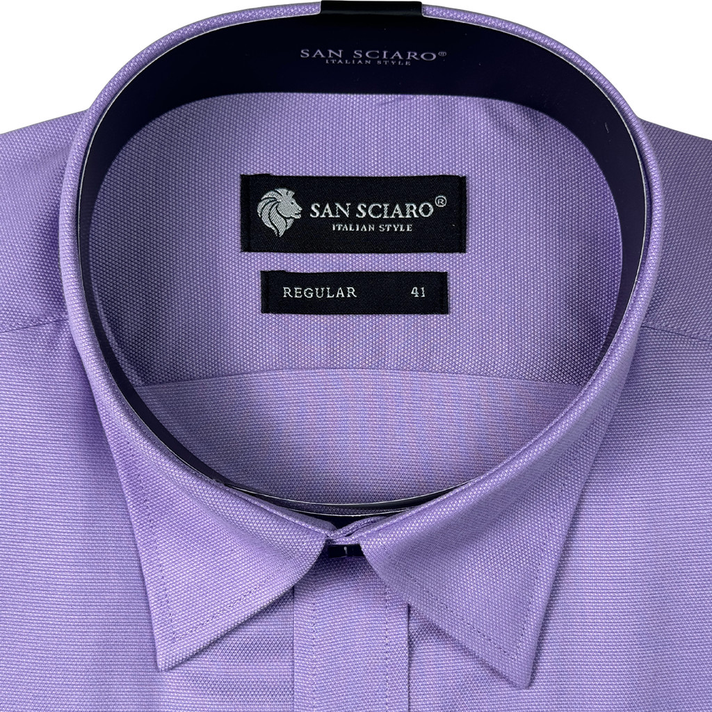SAN SCIARO - Áo Sơ Mi Nam Tay Ngắn Màu Tím Violet Caro, Form Regular Lai Bầu, Việt Tiến Cao Cấp