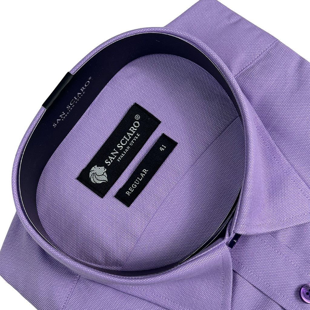 SAN SCIARO - Áo Sơ Mi Nam Tay Ngắn Màu Tím Violet Caro, Form Regular Lai Bầu, Việt Tiến Cao Cấp