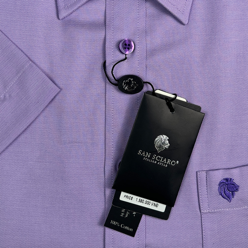 SAN SCIARO - Áo Sơ Mi Nam Tay Ngắn Màu Tím Violet Caro, Form Regular Lai Bầu, Việt Tiến Cao Cấp
