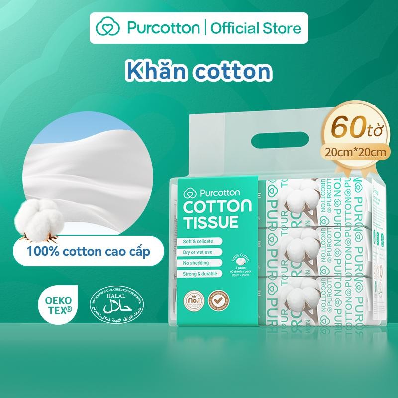 Purcotton Khăn lau mặt 100% từ cotton tự nhiên làm sáng da nhạy cảm 60 tờ x 3 gói