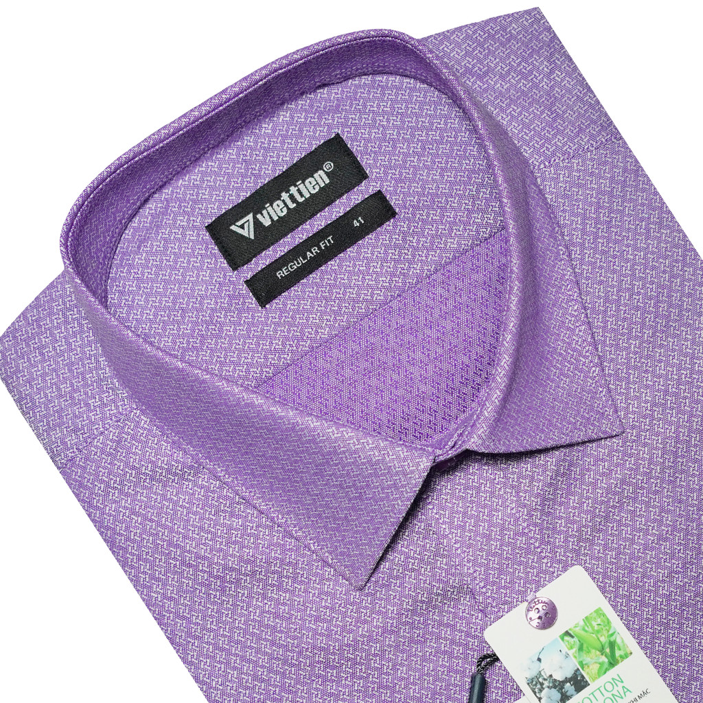 VIETTIEN SALE - Áo Sơ Mi Việt Tiến Dài Tay, Violet, Họa Tiết Hoa Văn, Form Regular Fit Lai Bầu