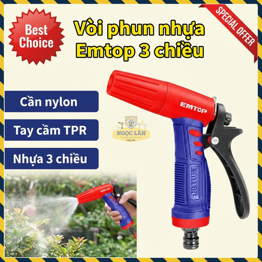 Vòi Phun Kích Hoạt Nhựa 3 Chiều Emtop Tay Cầm TPR