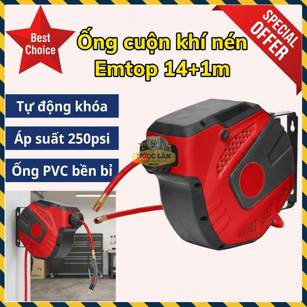 Ống Treo Dây Hơi Khí Nén Emtop Tự Động Khóa, Dừng An Toàn, 14+1m