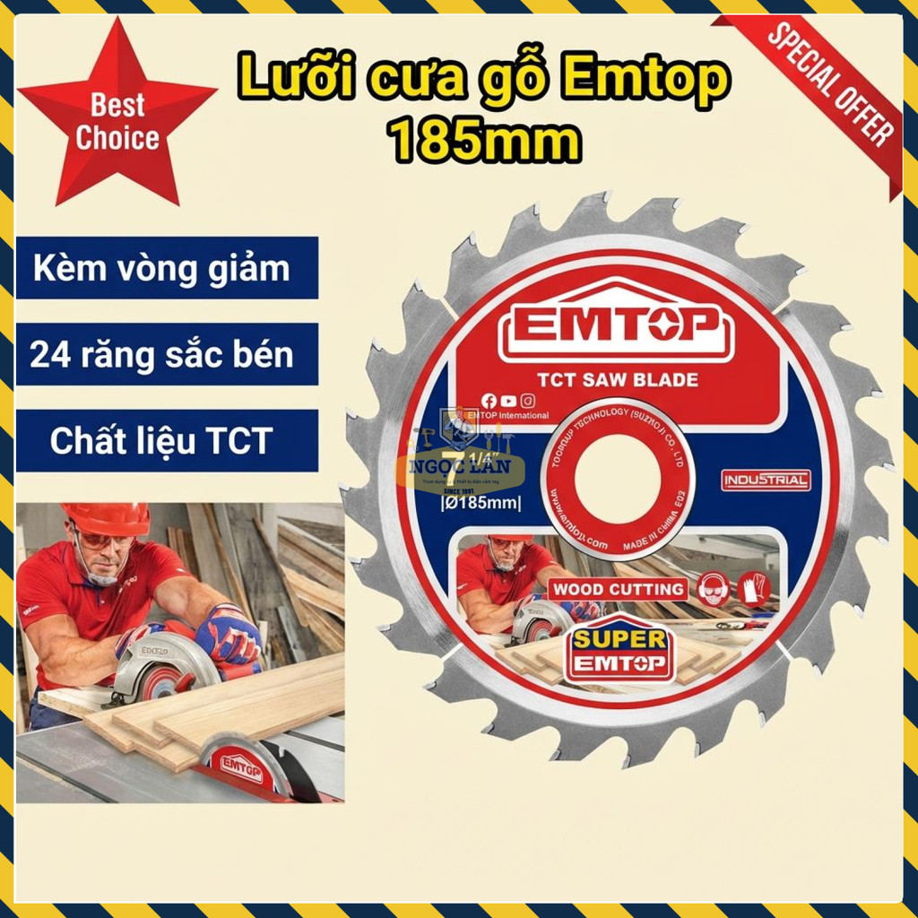 Lưỡi Cưa Gỗ Emtop 185mm 24 Răng, Kèm Vòng Giảm