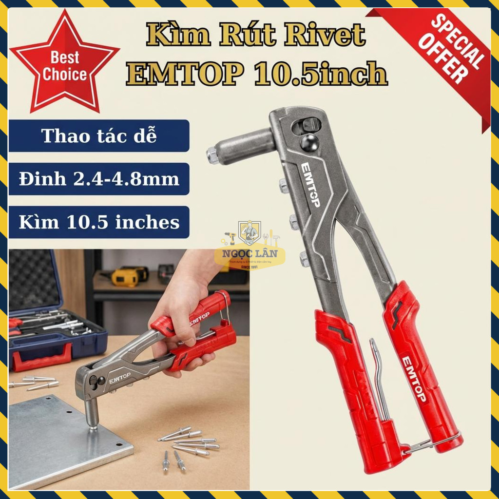 Kìm Rút Rivet EMTOP 10.5 Inch, Đinh Tán 2.4-4.8mm