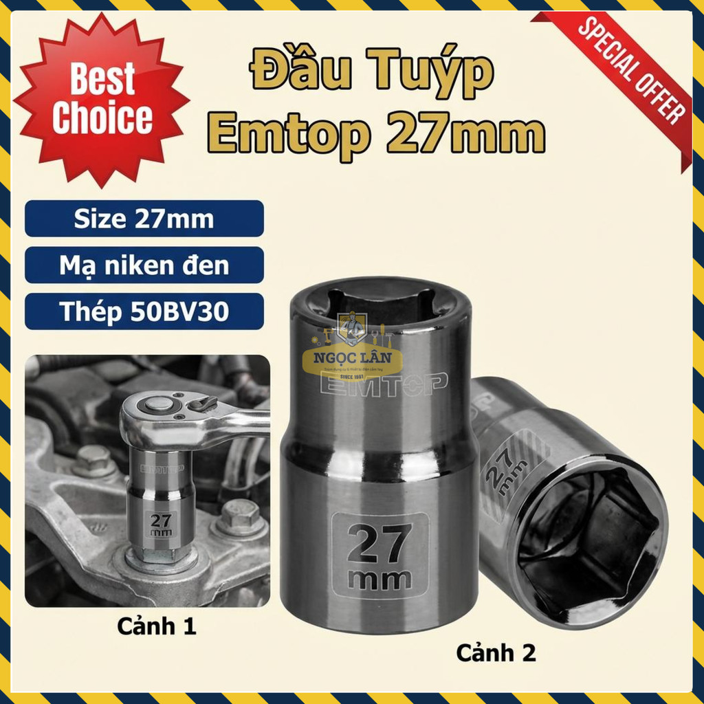 Đầu Tuýp 1/2" Emtop 27mm, Mạ Niken Đen, Chống Gỉ Sét