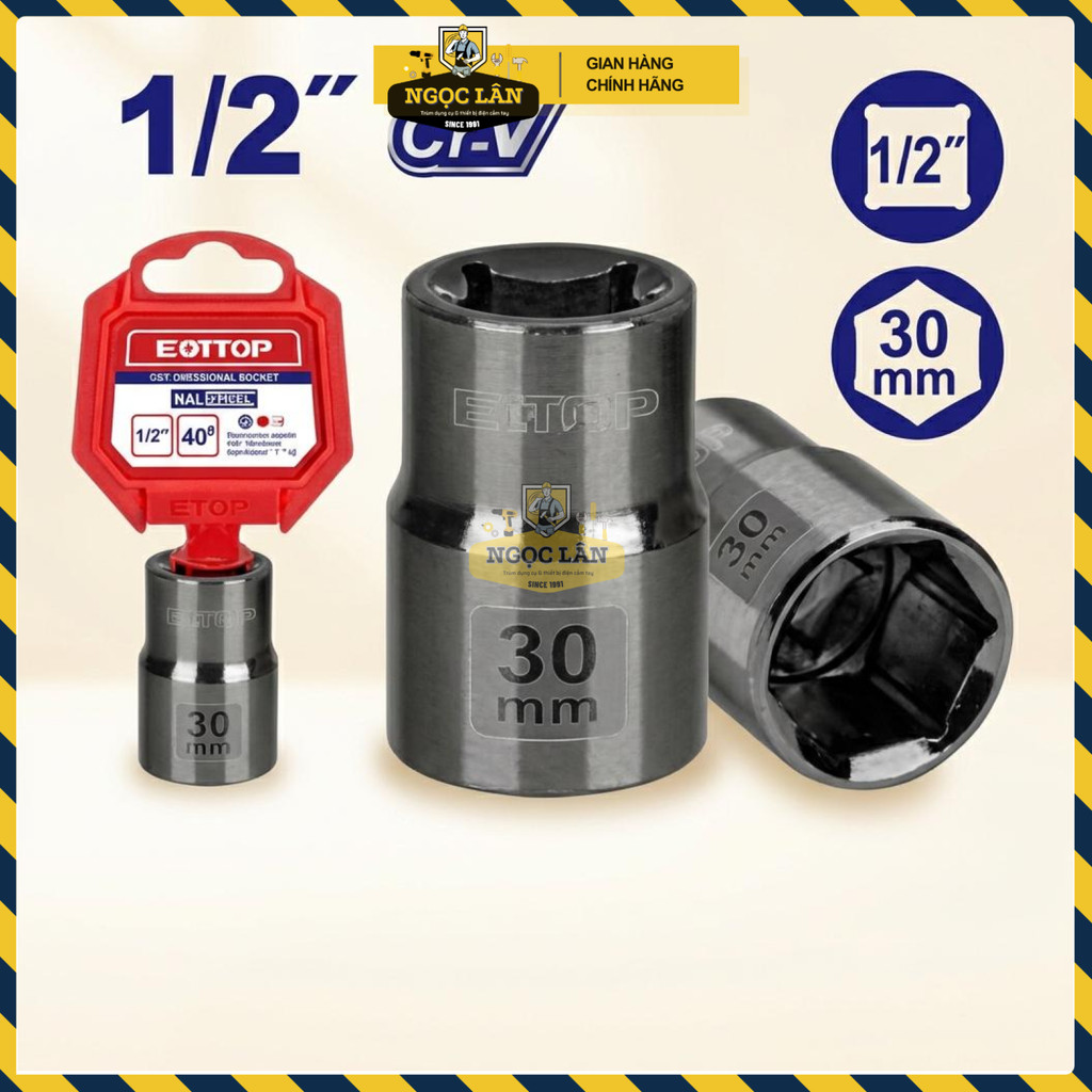 Đầu Tuýp 30mm 1/2 Inch Emtop 6pt Cr-V Mạ Niken Đen
