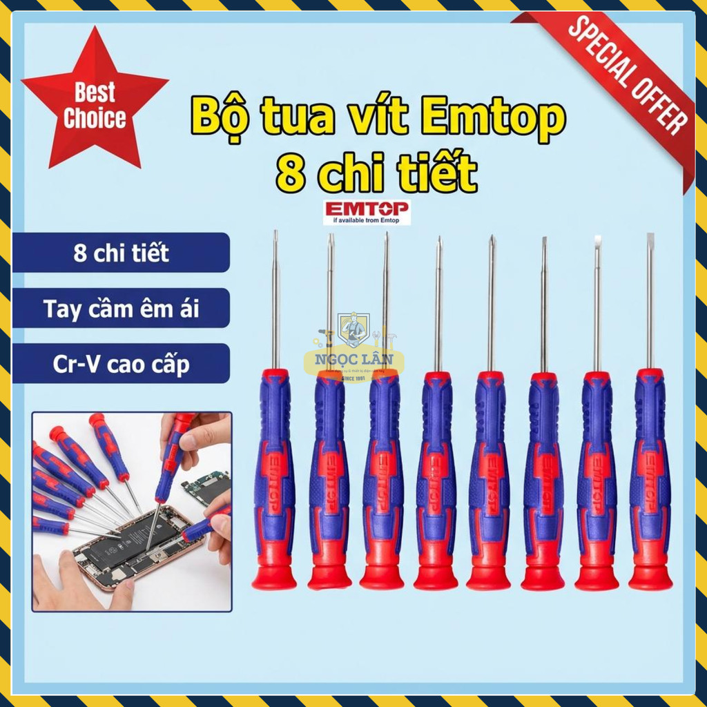 Bộ Tua Vít Chính Xác 8 Chiếc EMTOP Cr-V Cao Cấp