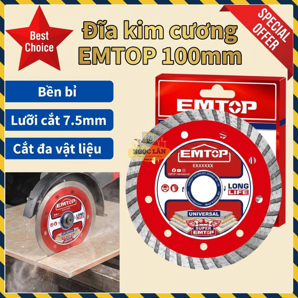 Đĩa Kim Cương Đa Năng EMTOP Cắt Gạch Đá Bê Tông 100mm (phần me 10mm)