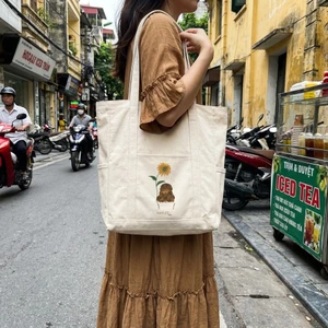 Túi Vải Tote Nữ Canvas Họa Tiết Hoa Hướng Dương Dễ Thương Phong Cách Vintage Hàn Quốc