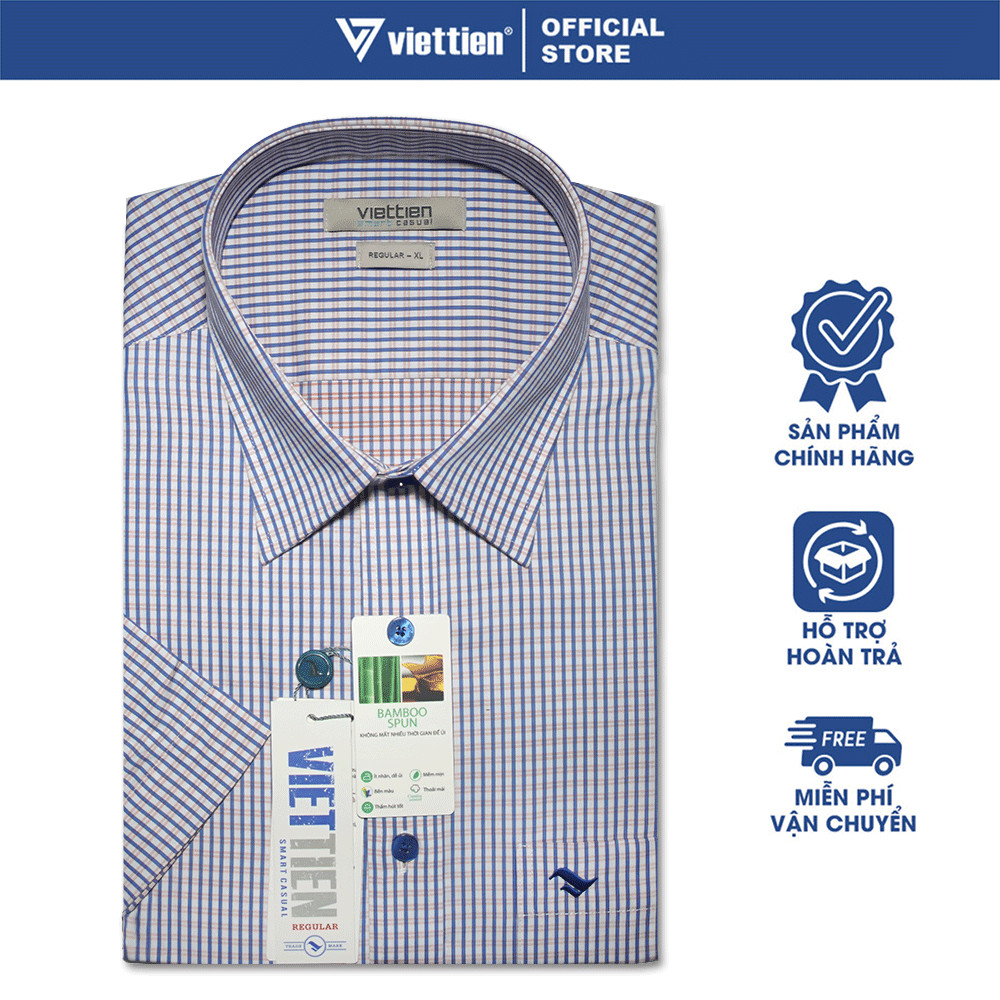 VIETTIEN SALE - Áo Sơ Mi VIETTIEN Ngắn Tay, Màu Xanh Navy - Cam, Họa Tiết Kẻ Sọc, Form Regular Lai Bầu
