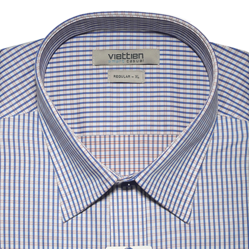 VIETTIEN SALE - Áo Sơ Mi VIETTIEN Ngắn Tay, Màu Xanh Navy - Cam, Họa Tiết Kẻ Sọc, Form Regular Lai Bầu