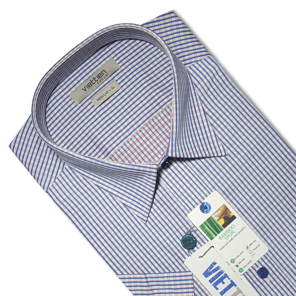 VIETTIEN SALE - Áo Sơ Mi VIETTIEN Ngắn Tay, Màu Xanh Navy - Cam, Họa Tiết Kẻ Sọc, Form Regular Lai Bầu