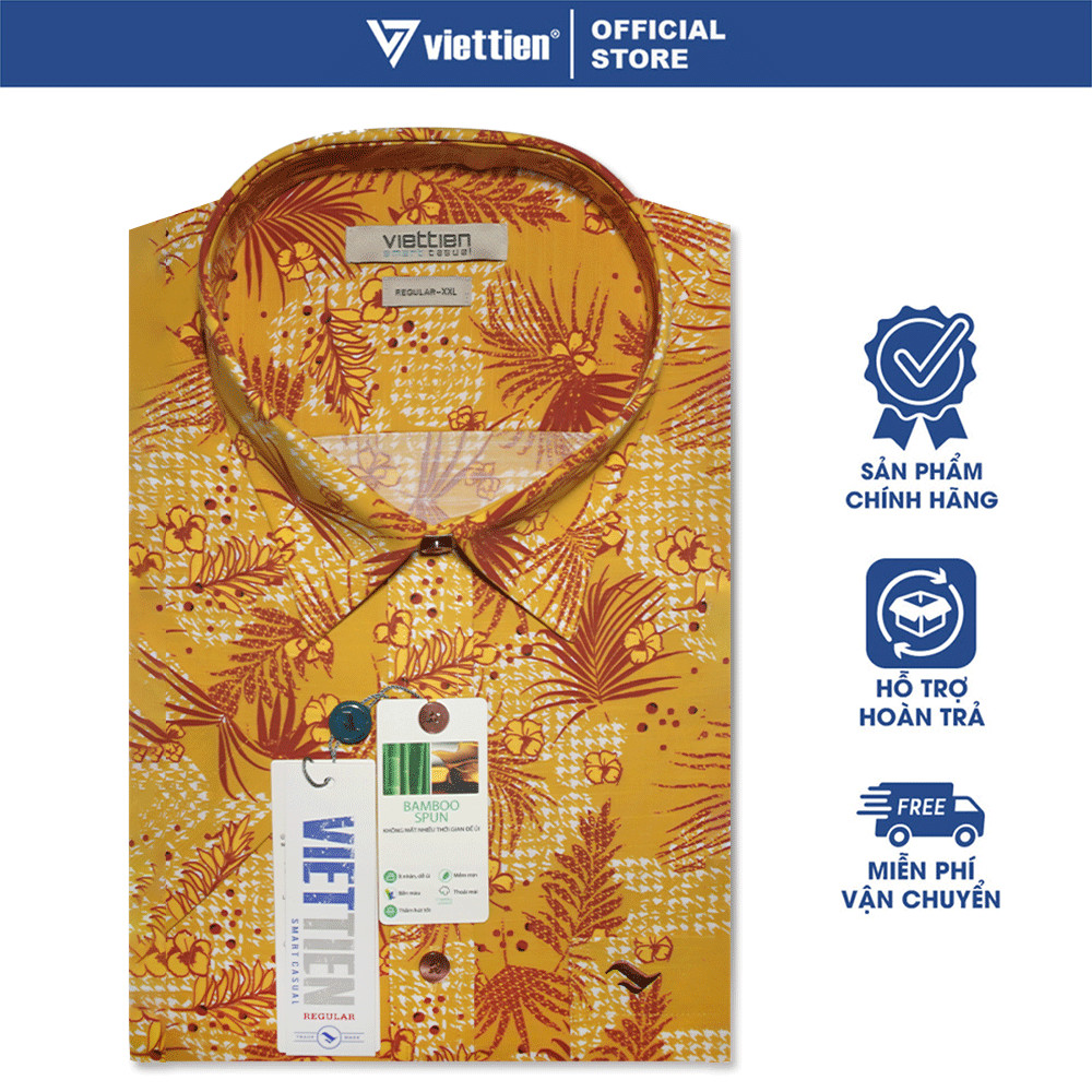 VIETTIEN SALE - Áo Sơ Mi VIETTIEN Ngắn Tay, Màu Vàng - Đỏ, Họa Tiết Hoa Văn, Form Regular Lai Ngang