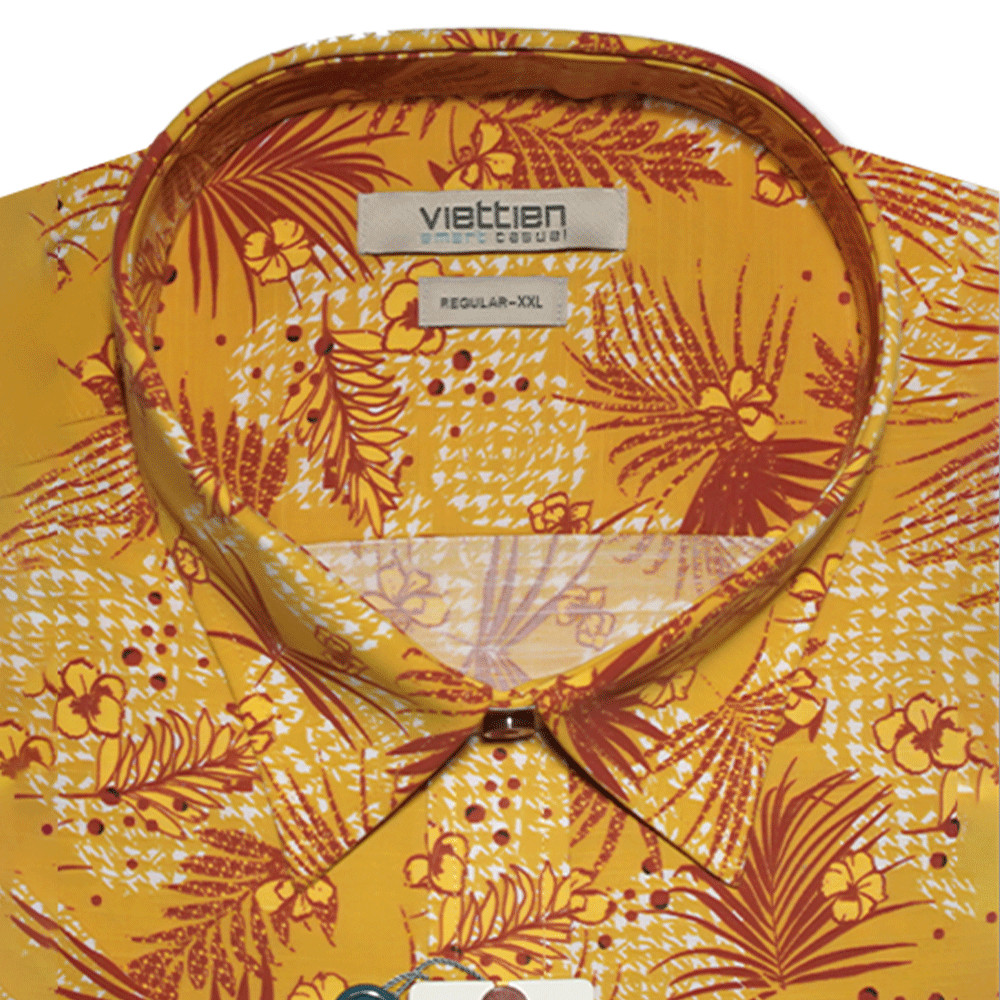 VIETTIEN SALE - Áo Sơ Mi VIETTIEN Ngắn Tay, Màu Vàng - Đỏ, Họa Tiết Hoa Văn, Form Regular Lai Ngang
