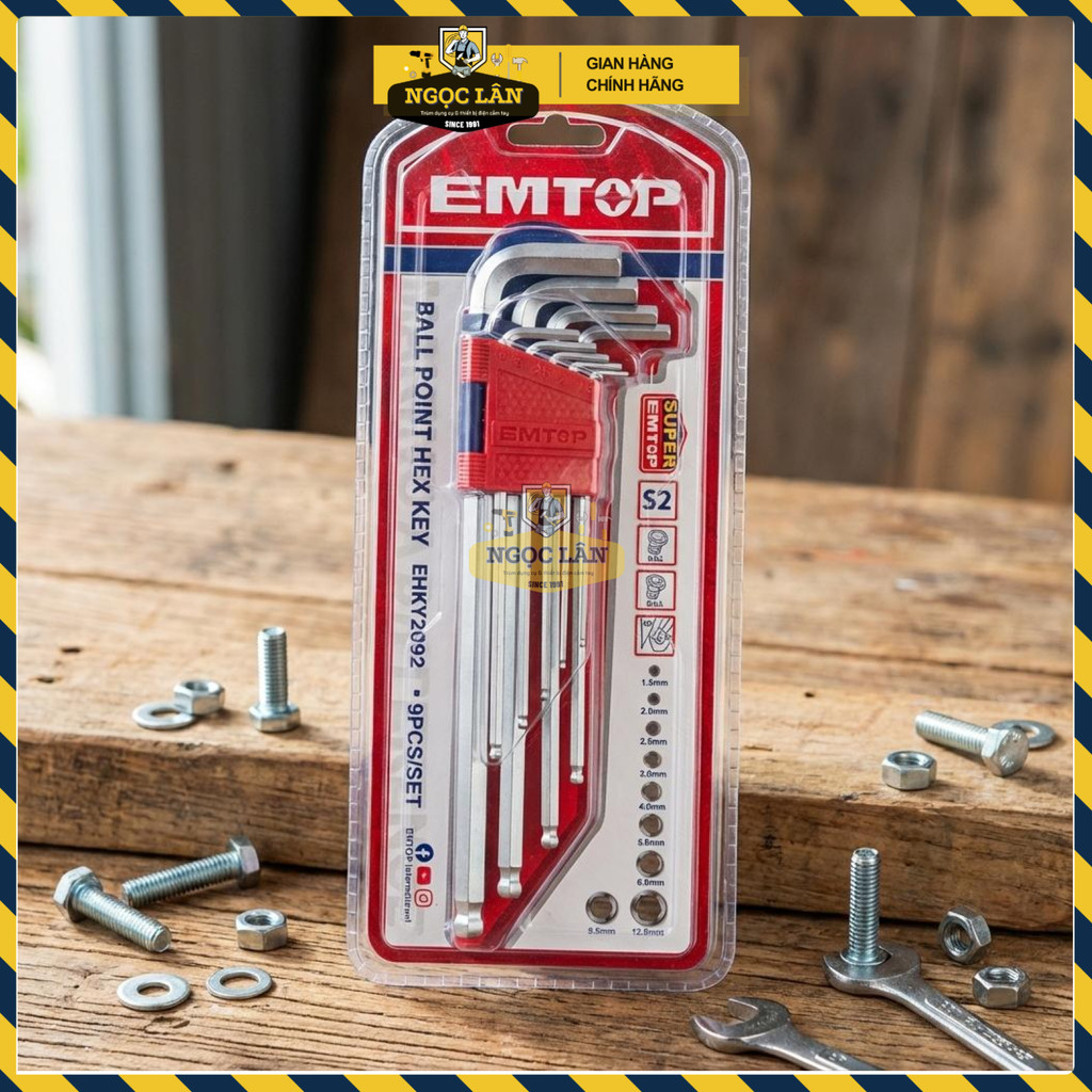 Bộ Lục Giác Đầu Bi Dài EMTOP 9 Chi Tiết, Thép Cr-V Chuyên Dụng Bền Bỉ