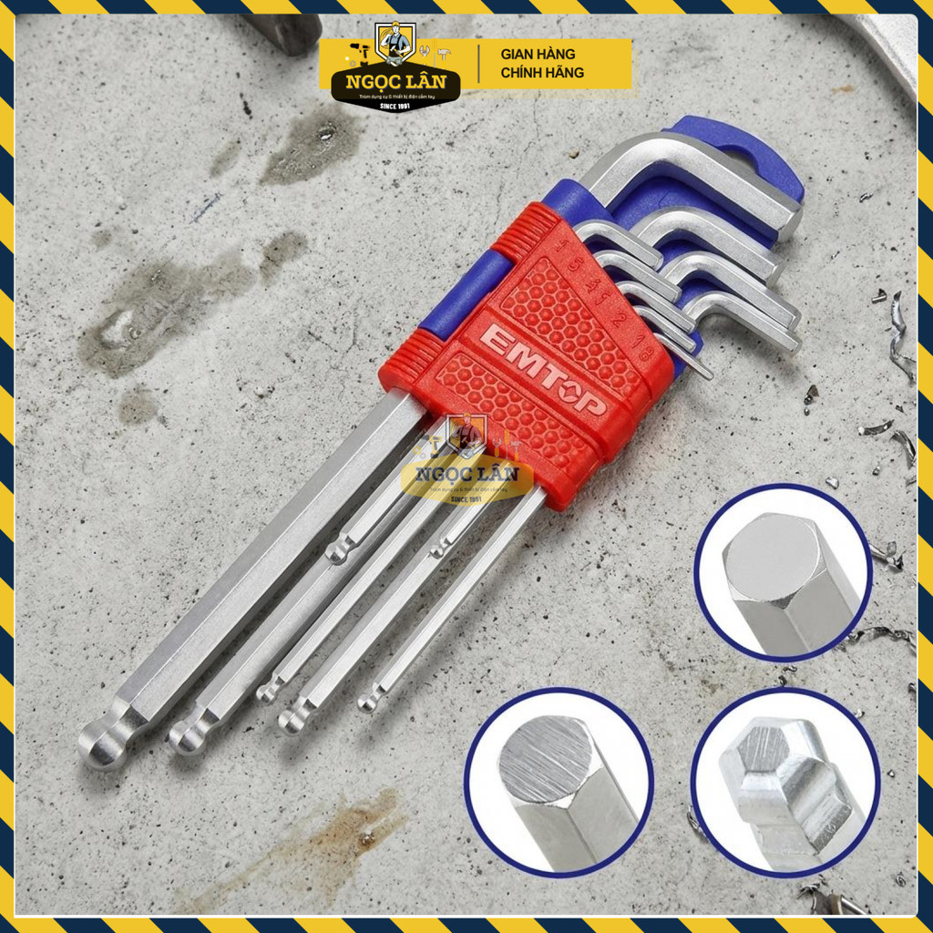 Bộ Lục Giác Đầu Bi Dài EMTOP 9 Chi Tiết, Thép Cr-V Chuyên Dụng Bền Bỉ