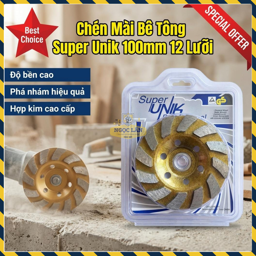 Chén Mài Đá Bê Tông Super Unik 100mm, 12 Lưỡi Hợp Kim, Chuyên Dùng Phá Nhám Sàn Dày Bền Bỉ.