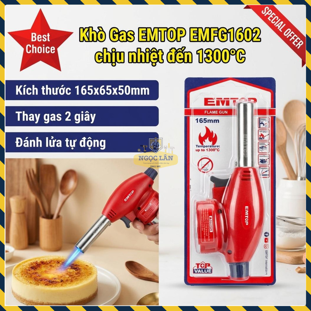 Khò Gas Cầm Tay EMTOP EMFG1602 Đánh Lửa Tự Động, Điều Chỉnh Nhiệt Độ 1300°C, Đa Năng