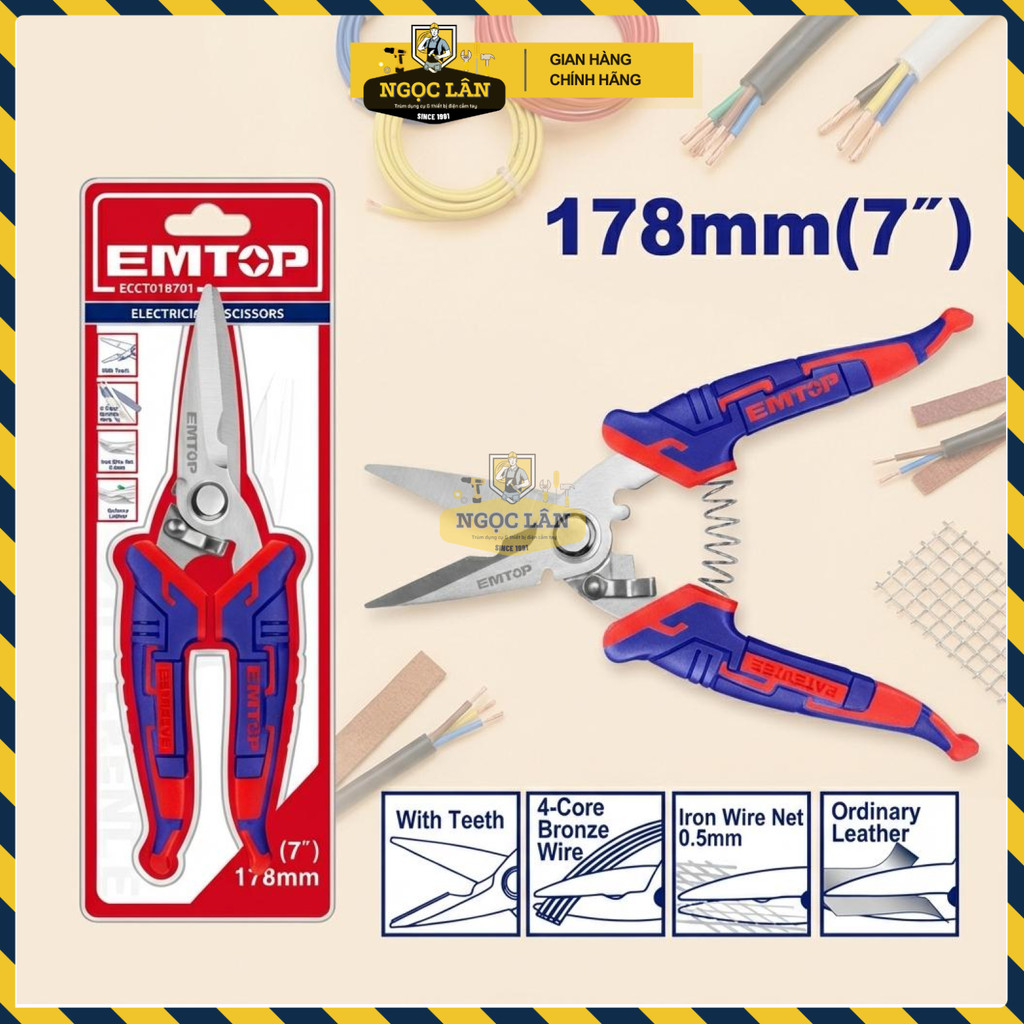 Kéo Thợ Điện EMTOP Chuyên Dụng, Lưỡi Thép Không Gỉ Có Răng Cưa, Tay Cầm Công Thái Học 178mm (7")
